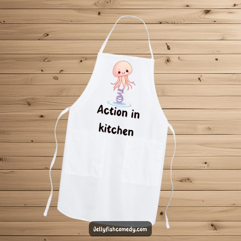 Funny Apron with a design of a happy jellyfish bouncing on a spring. This apron brings playful energy to cooking.