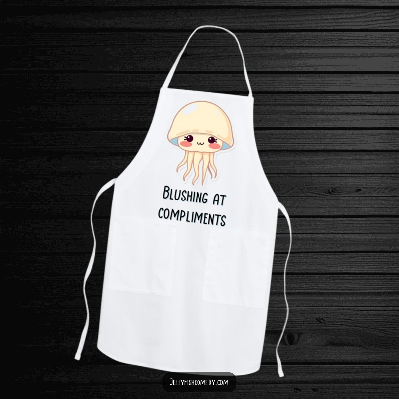 Funny apron showcasing a shy jellyfish blushing brightly, bringing a sweet and humorous touch to the kitchen.