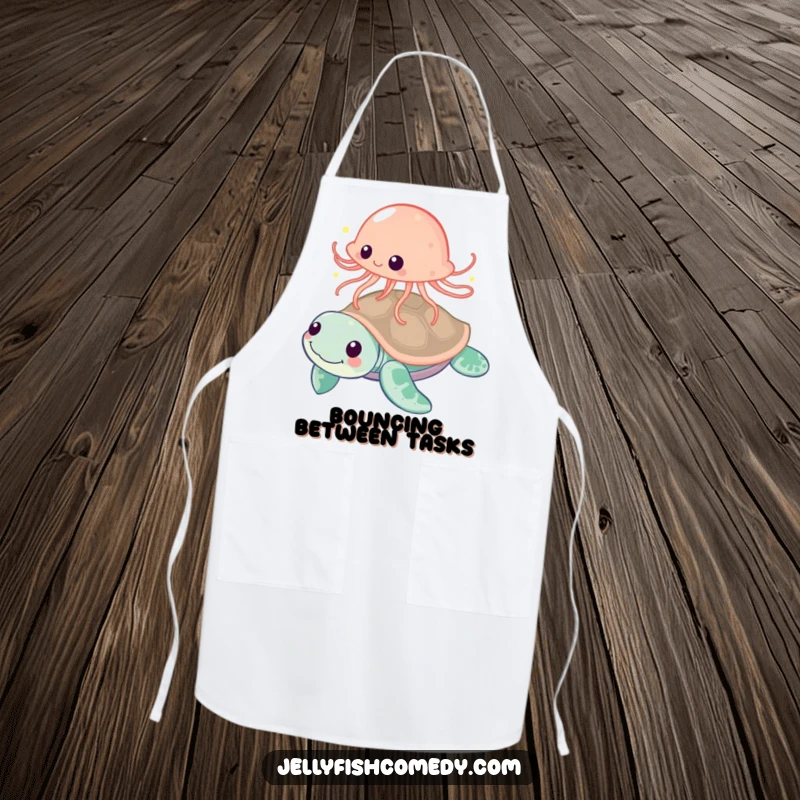 Funny jellyfish playfully bouncing off a friendly sea turtle, a humorous and practical apron for cooking.