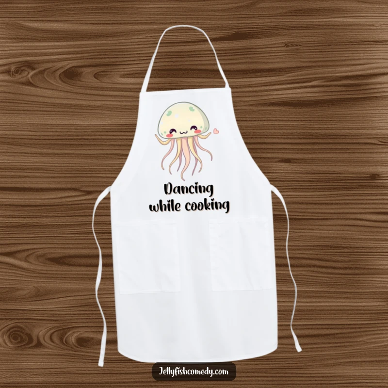 Funny jellyfish apron showing a whimsical jellyfish doing a silly dance with its tentacles swaying rhythmically, ready for kitchen fun.