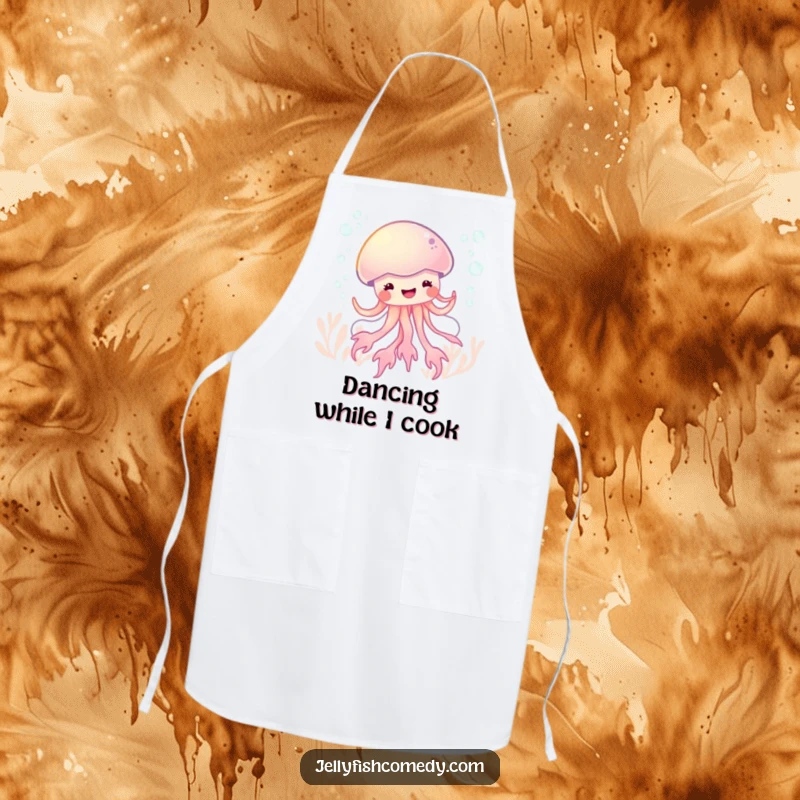 Funny glee jellyfish dance apron, featuring a bubbly sea creature caught mid-dance with pure delight.
