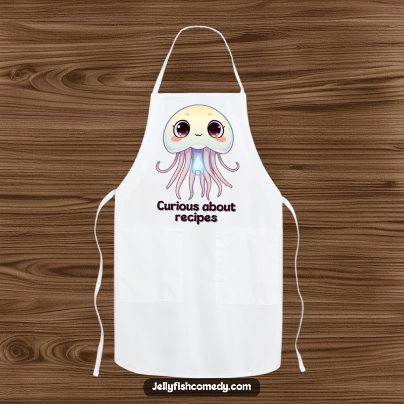 Funny jellyfish with wide, curious eyes peering at a tiny glowing plankton, a humorous and practical apron.