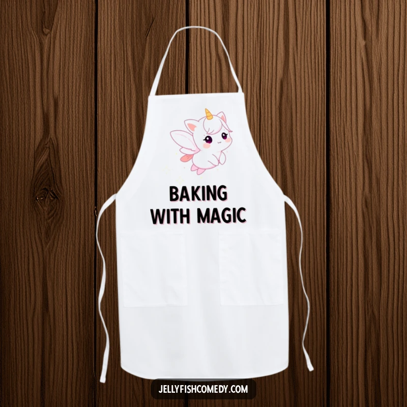 Funny apron featuring a small, ethereal creature trailing sparkling stardust, perfect for a magical and clean cooking experience.