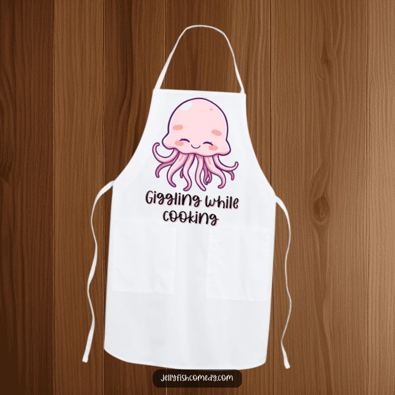 Funny apron with a delightful jellyfish giggling and wiggling its tentacles, perfect for happy cooking.
