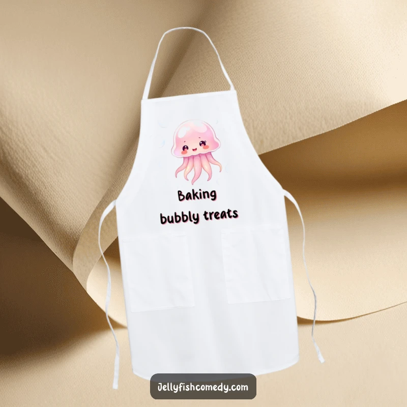 Funny transparent jellyfish happily floating among shimmering bubbles, a humorous and practical apron for cooking.
