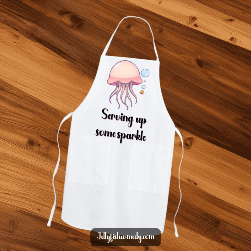 Funny jellyfish apron, a sea creature playfully bouncing a bubble while cooking, a humorous and practical kitchen accessory.