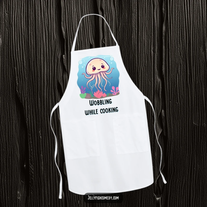 Funny apron design of a silly jellyfish dancing underwater, tentacles swirling, perfect for kitchen fun or craft projects.