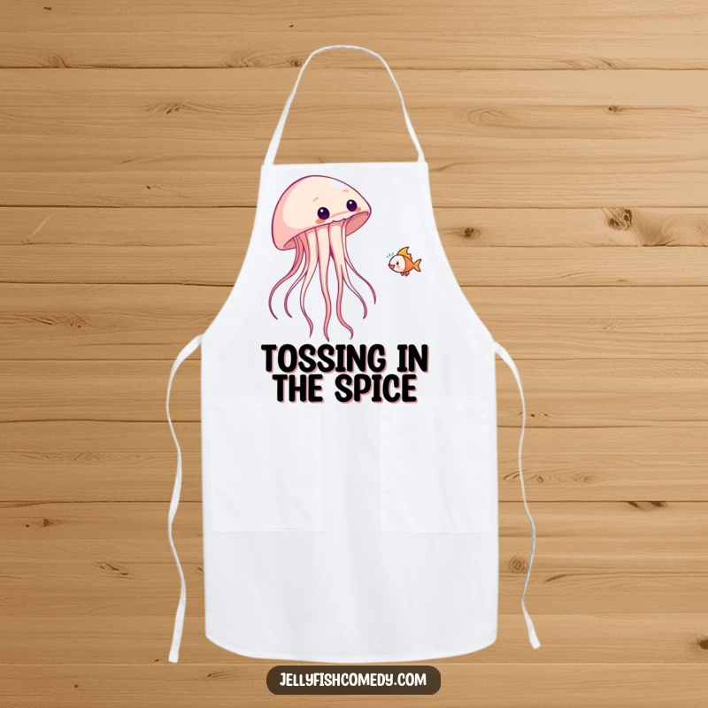 Funny apron with a jellyfish playfully tossing a fish, perfect for fun kitchen activities.