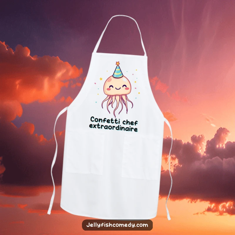 Funny jellyfish wearing a tiny party hat, ready to party in the kitchen, a hilarious apron.
