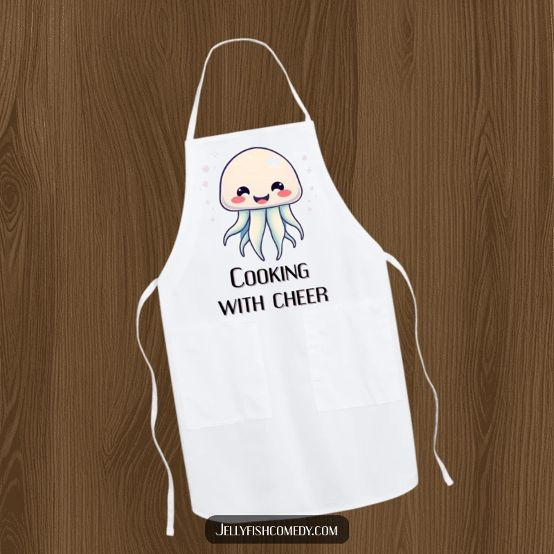 Funny Kawaii Jellyfish Apron showcasing a jellyfish with a big smile and radiating bubbly energy, ideal for kitchen use.