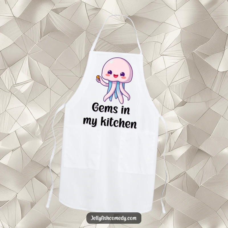 Funny kawaii jellyfish pointing to a treasure chest, ideal for a chef's apron, adding humor to the kitchen.