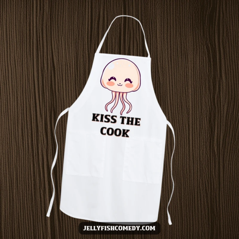 Funny Apron: A shyly blushing kawaii jellyfish blows a kiss, adding a touch of sweet humor to your culinary adventures.