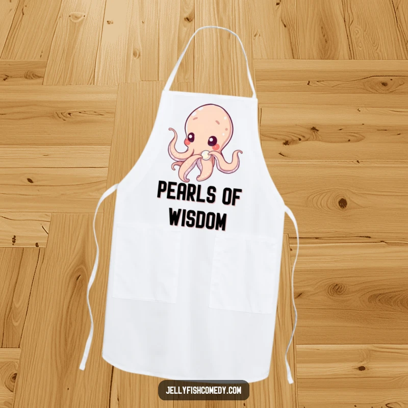 Funny tentacled being gently nudging a shimmering pearl with curiosity, featured on a practical and amusing kitchen apron.