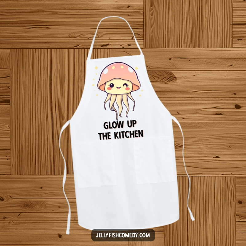 Kawaii jellyfish apron showcasing a cute, twinkling jellyfish floating happily, perfect for adding a magical and cheerful element to cooking.
