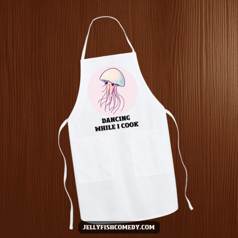 Funny apron adorned with a gracefully spinning jellyfish, adding a touch of elegance and subtle humor to kitchen tasks.