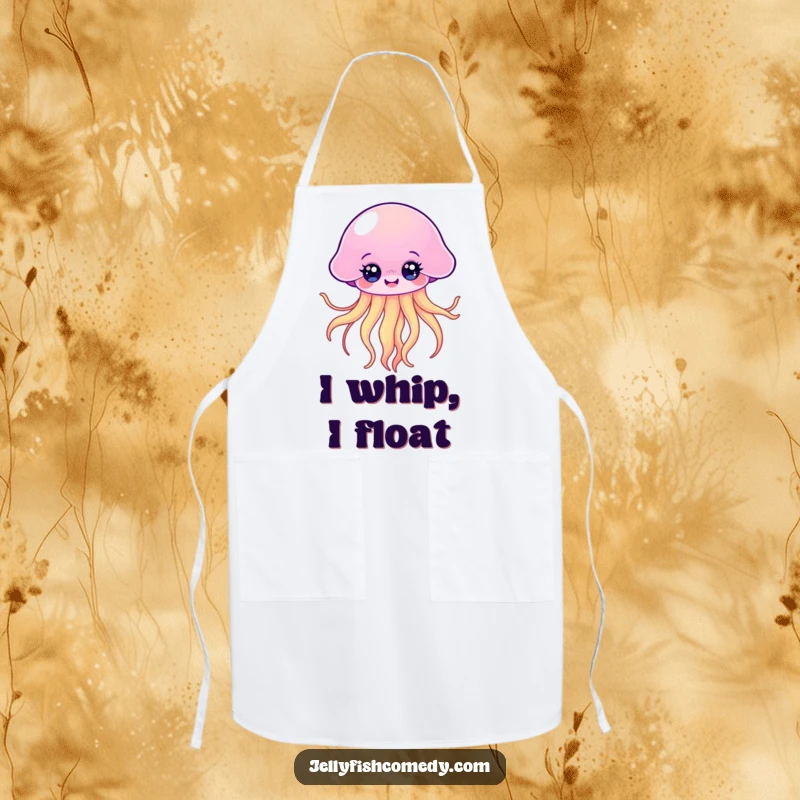 Funny Kawaii Jellyfish Apron showing a happy floating jellyfish with bright eyes and flowing tentacles, perfect for cooking.