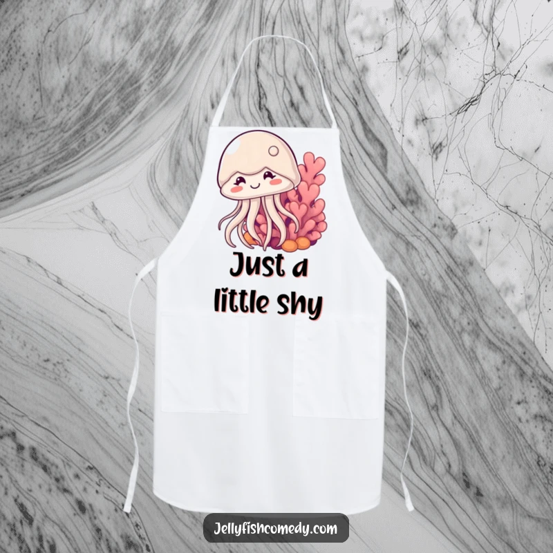 Funny shy jellyfish apron shows a cute jellyfish peeking shyly from behind coral, adding charming ocean humor to kitchen tasks.