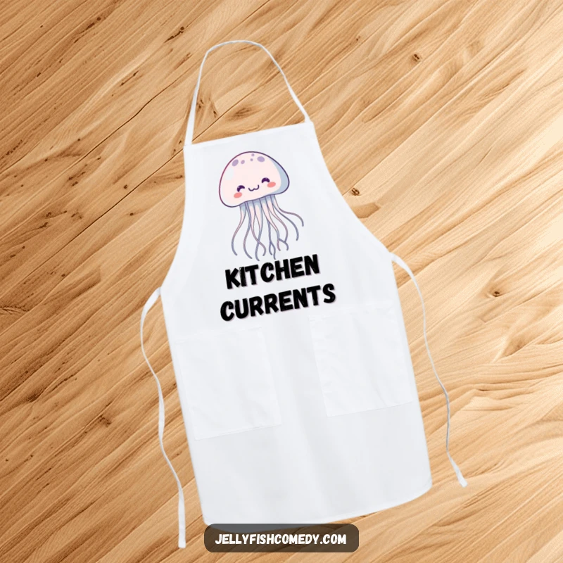 Funny kawaii jellyfish apron, a joyful floating creature with trailing tentacles, bringing cartoon underwater charm to cooking.