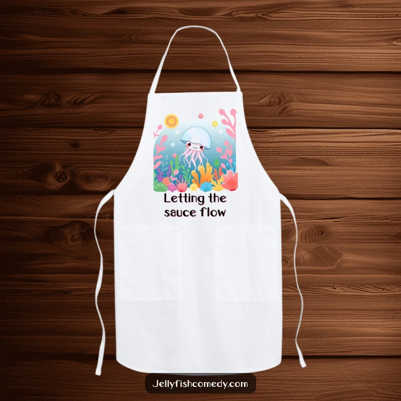 Funny Apron: A cheerful jellyfish happily drifts through a sea of colorful underwater plants, bringing a touch of humor to the kitchen.