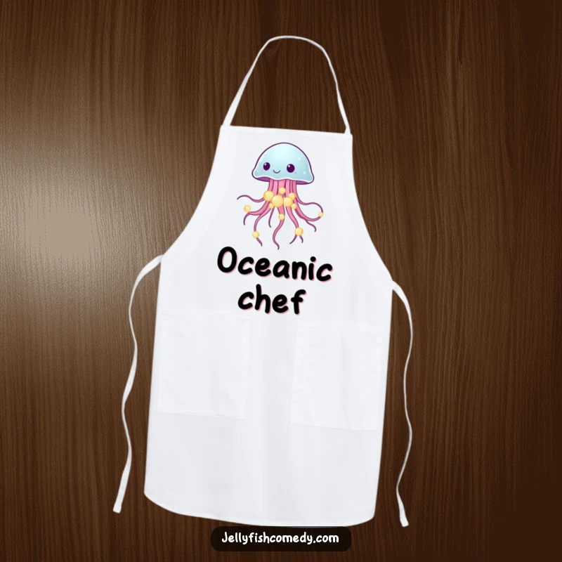 Funny apron showing a jellyfish balancing delicate glowing sea pearls, perfect for cooking with elegant humor.