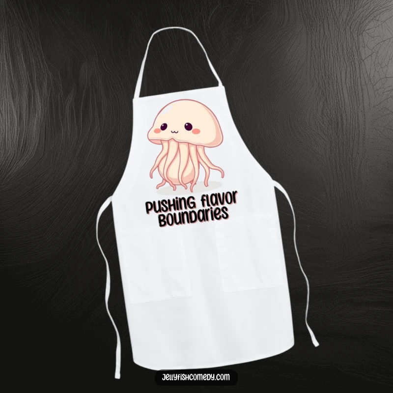 Funny apron depicting a determined jellyfish exerting effort to push a giant pearl, perfect for kitchen battles.
