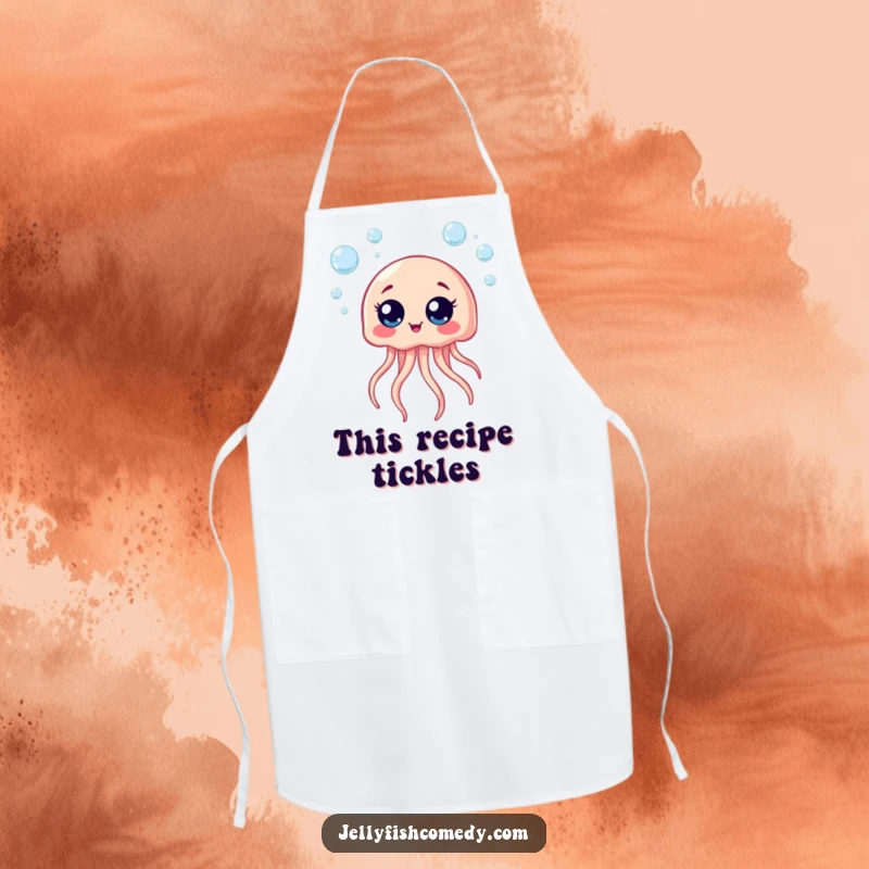 Funny apron featuring a giggling jellyfish surrounded by bubbles, ideal for kitchen fun and laughter.
