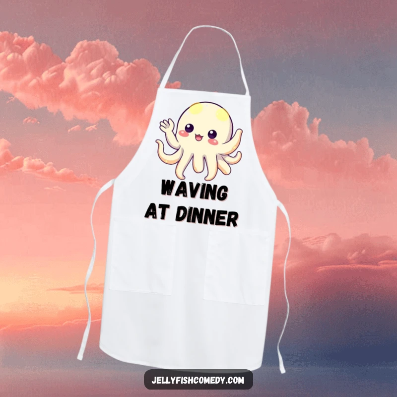 Funny floating creature with luminous, glowing tentacles, playfully waving hello, featured on a practical and amusing kitchen apron.