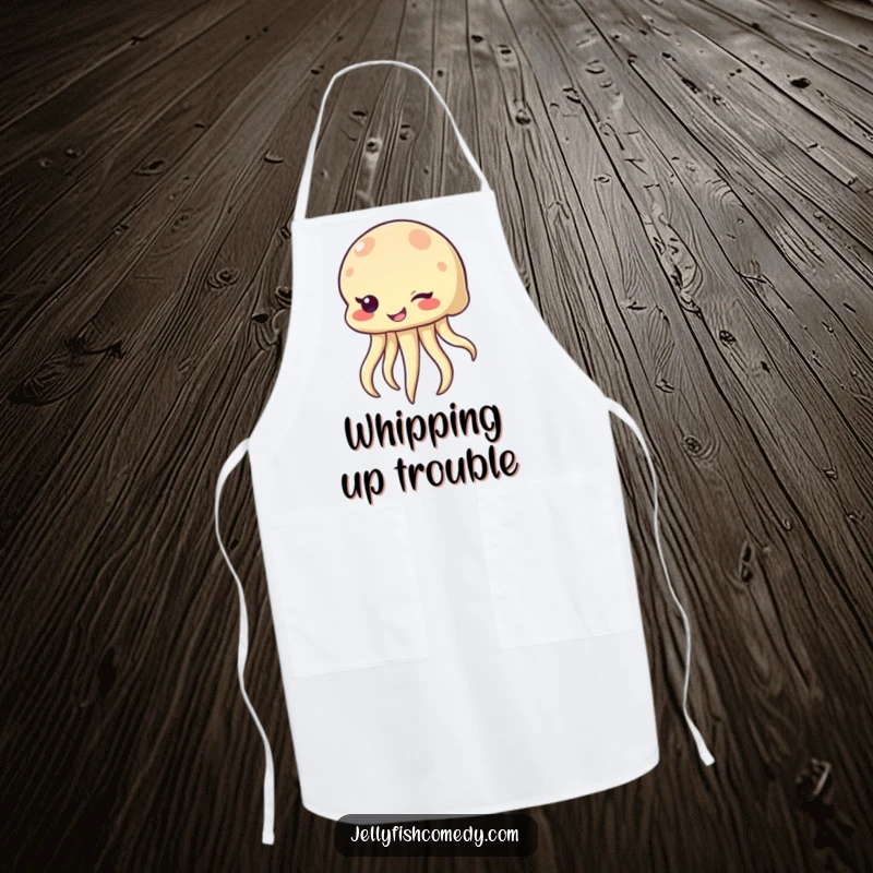 Funny winking jellyfish apron, a sea creature with a mischievous smile, adding playful humor to kitchen activities and cooking.