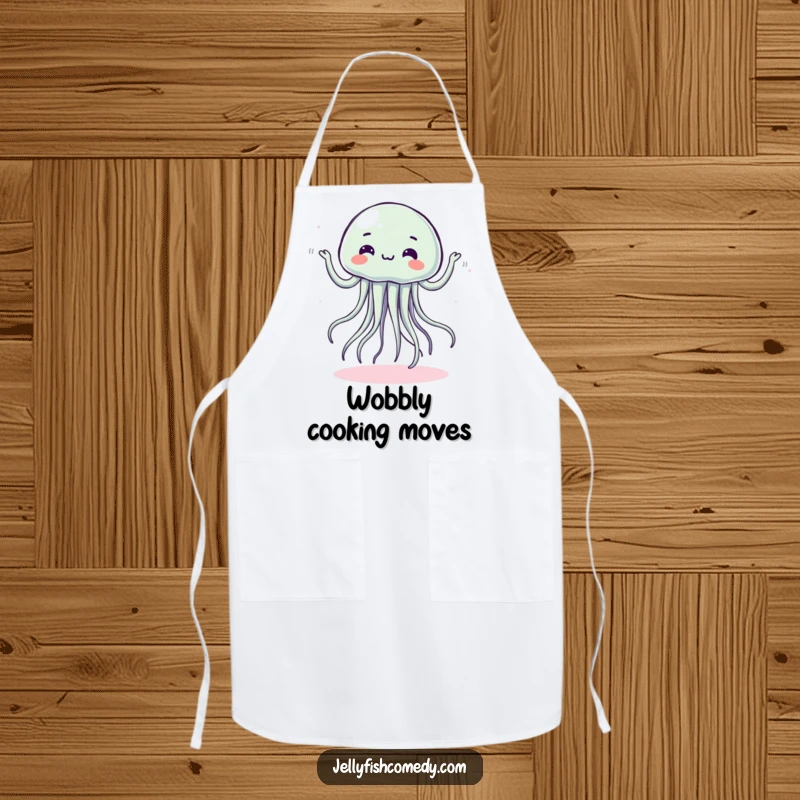 Funny apron with a jellyfish doing a silly, wobbly dance, perfect for fun kitchen activities.