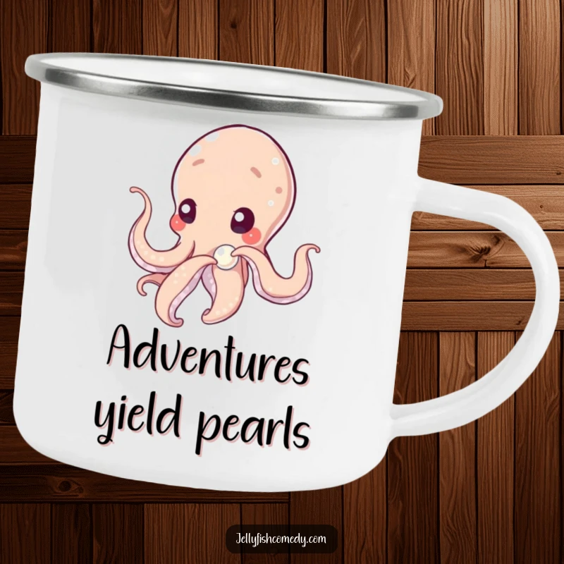 Funny tentacled being gently nudging a shimmering pearl with curiosity, designed for adventure on a sturdy camping mug.