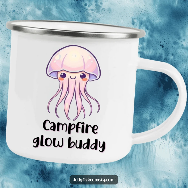 Funny Kawaii jellyfish camping mug with a creature emitting a soft, happy glow. Perfect for enjoying drinks outdoors. Humorous.