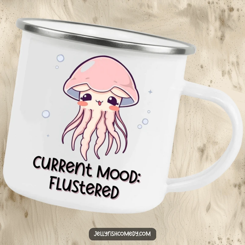 Funny surprised jellyfish camping mug shows a blushing jellyfish caught in a current, perfect for outdoor drinks with humor.