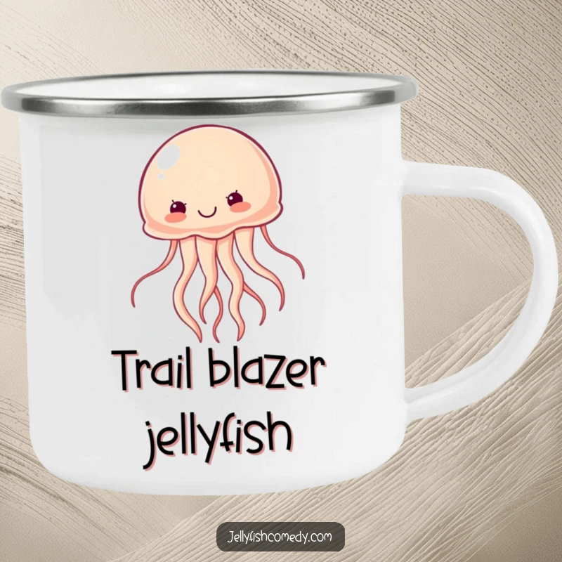 Funny determined jellyfish camping mug shows a jellyfish swimming with vigor, perfect for outdoor motivation and humor.