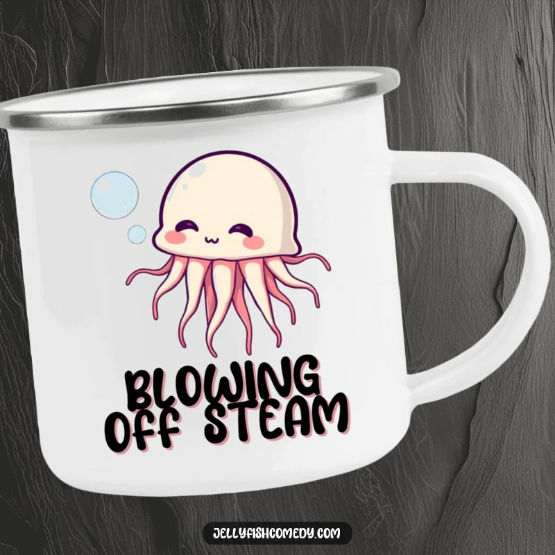 Funny Jellyfish Camping Mug: A sturdy mug featuring a funny jellyfish blowing bubbles, ideal for outdoor enthusiasts.