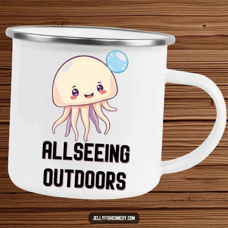 Funny Camping Mug: A multi-eyed, smiling jellyfish happily bounces a shimmery bubble, perfect for sipping drinks outdoors with humor.