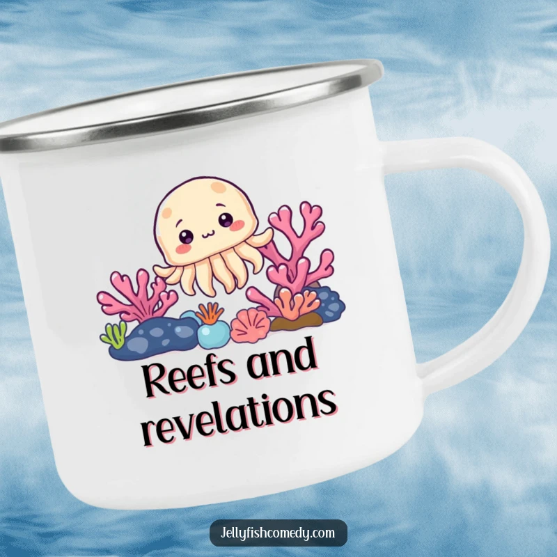 Funny enamel camping mug with a curious jellyfish peeking from behind a colorful coral reef, bringing ocean whimsy to the outdoors.