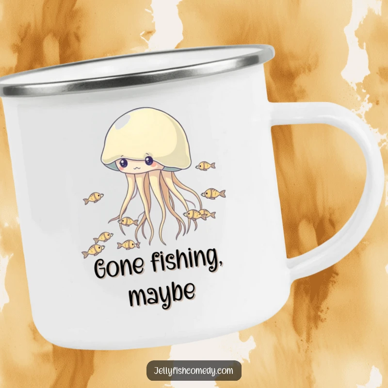 Funny Jellyfish Camping Mug: A hardy mug featuring a funny jellyfish in a fish chase, perfect for outdoor enthusiasts.