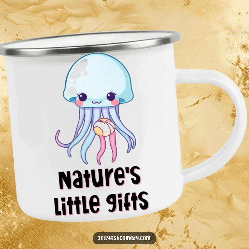 Funny jellyfish camping mug, a sea creature gently holding a tiny seashell, perfect for enjoying drinks outdoors with a serene vibe.