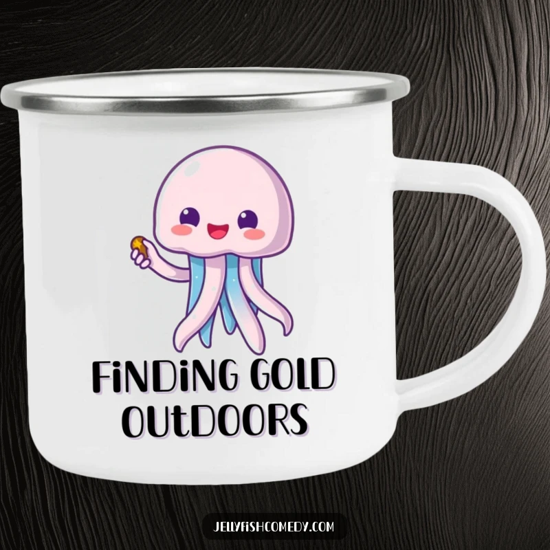 Funny kawaii jellyfish pointing to a treasure chest, durable camping mug for outdoor adventures and humorous gifts.