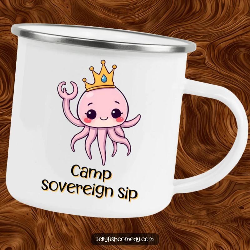 Funny Camping Mug with a jellyfish wearing a crown, waving regally. Perfect for enjoying drinks with majestic flair.