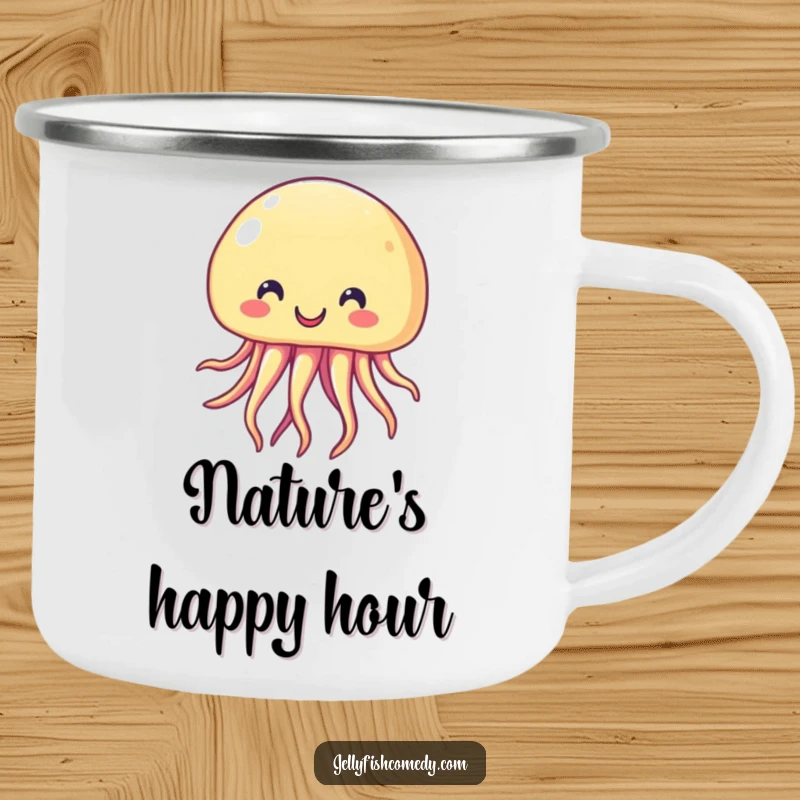 Funny Camping Mug with a beaming, happy jellyfish design. Ideal for outdoor adventures and cheerful sipping.