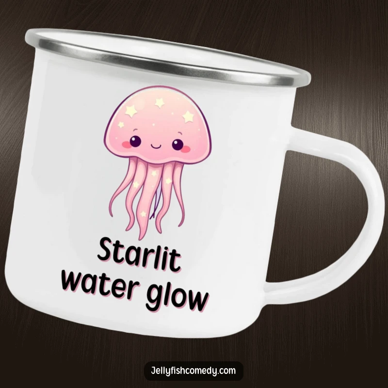 Funny kawaii jellyfish with twinkling starry patterns on a camping mug, perfect for humorous outdoor enjoyment.