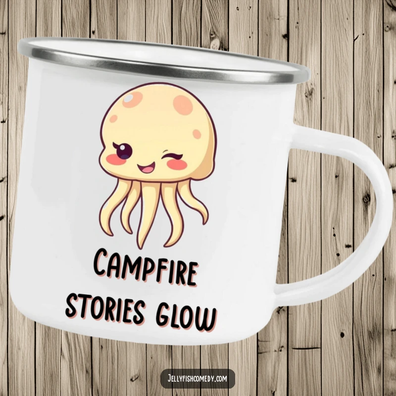 Funny winking jellyfish camping mug, a sea creature with a mischievous smile and wink, perfect for enjoying drinks outdoors humorously.