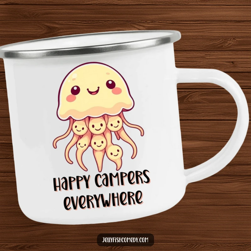 Funny Kawaii Jellyfish Camping Mug with multiple smiley faces on its bell, great for outdoor use.