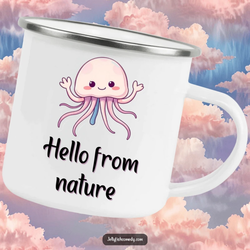 Funny jellyfish camping mug featuring trailing tentacles cheerfully waving hello, perfect for enjoying drinks outdoors.