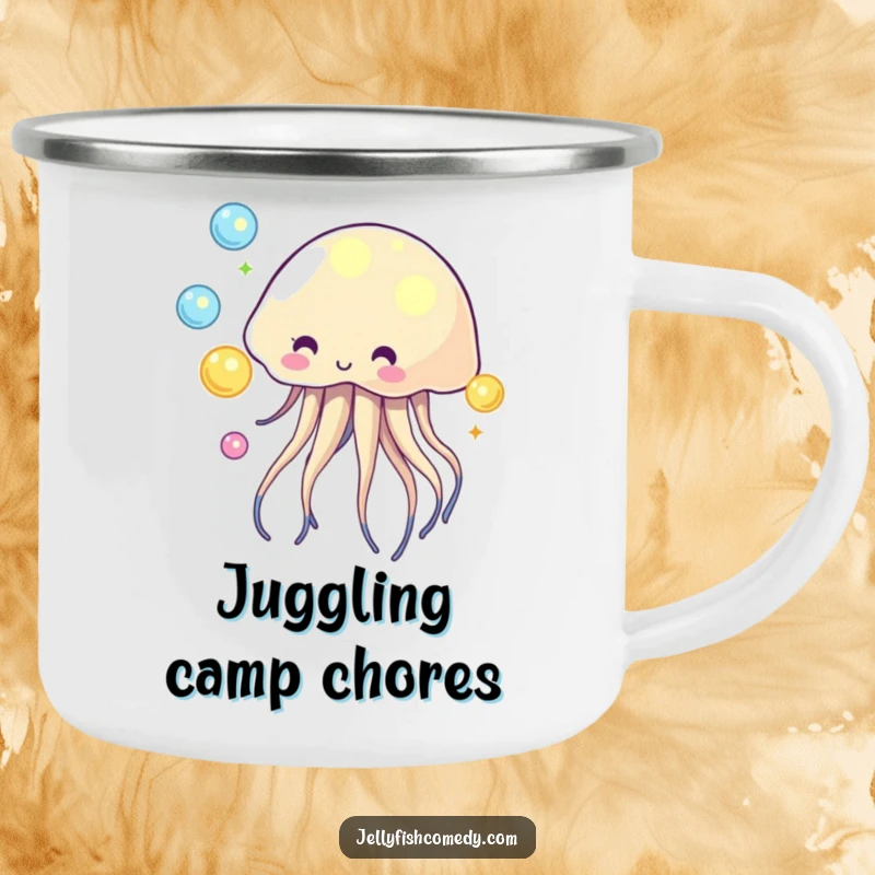 Funny camping mug depicting a jellyfish juggling glowing orbs, perfect for enchanted outdoor moments.