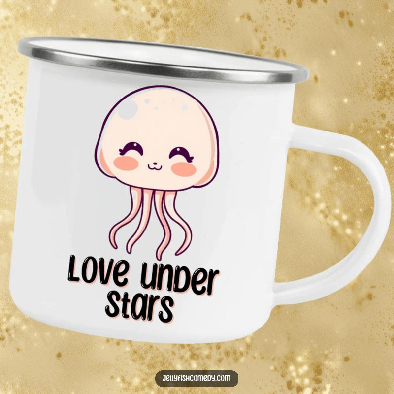 Funny Camping Mug: A blushing kawaii jellyfish blows a kiss, ideal for enjoying drinks outdoors with sweet, humorous charm.