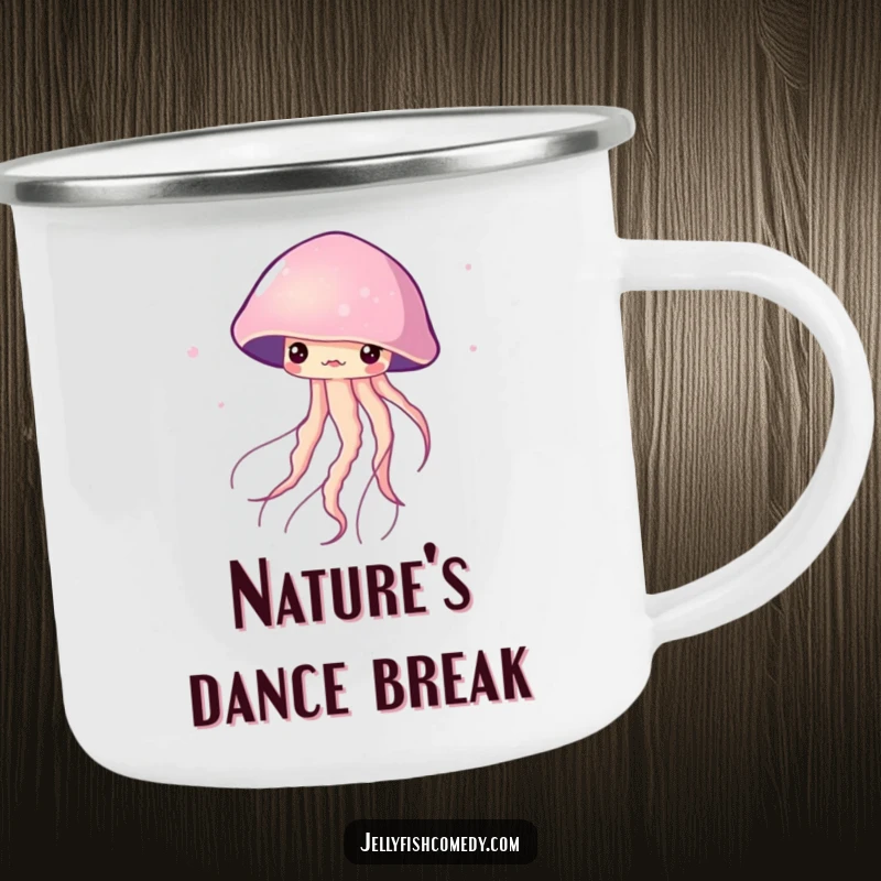 Funny Camping Mug with a jellyfish gracefully twirling design. Perfect for enjoying drinks with elegant flair.