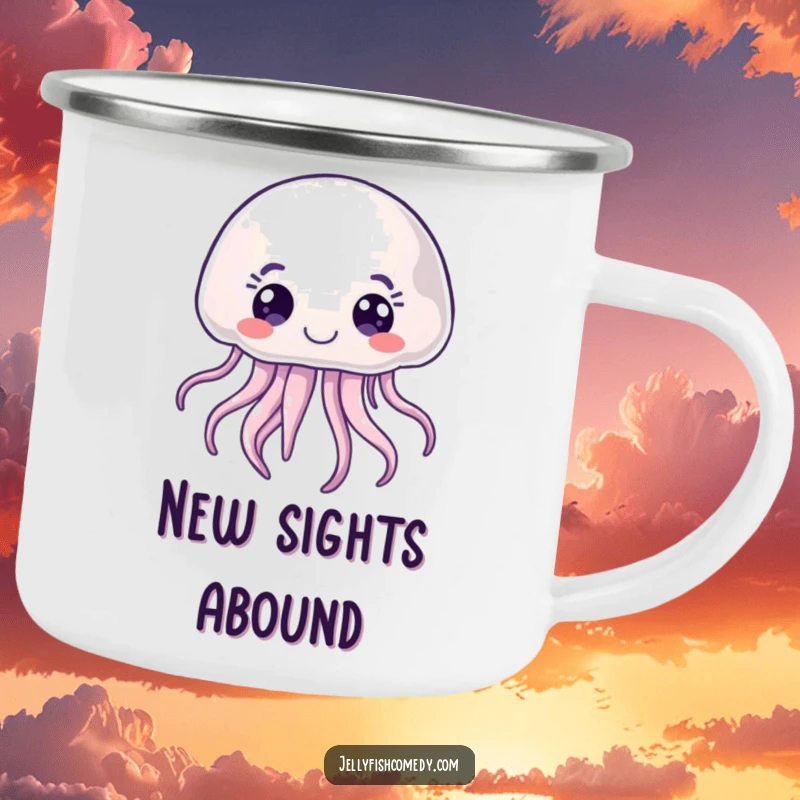 Funny joyful jellyfish camping mug, a curious sea creature with wide eyes, perfect for outdoor beverages.