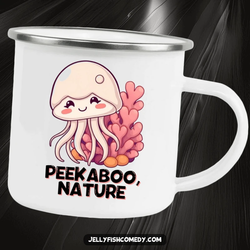 Funny shy jellyfish camping mug shows a cute jellyfish peeking shyly from behind coral, perfect for outdoor drinks with humor.